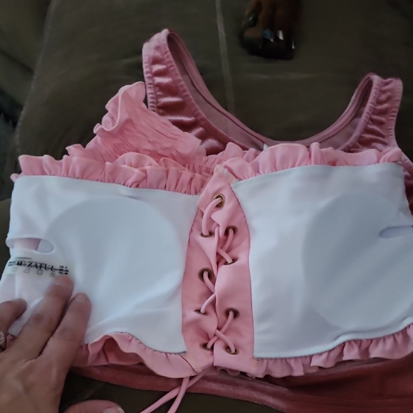 BUNDLE 2 Pink tops! Ruffled Lace-Up Crop Top And Satin Type Other - Picture 3 of 9